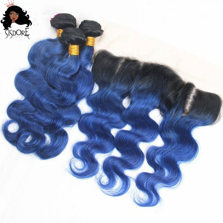 1b blue ombre human hair weaves with 13x4 frontal body wave