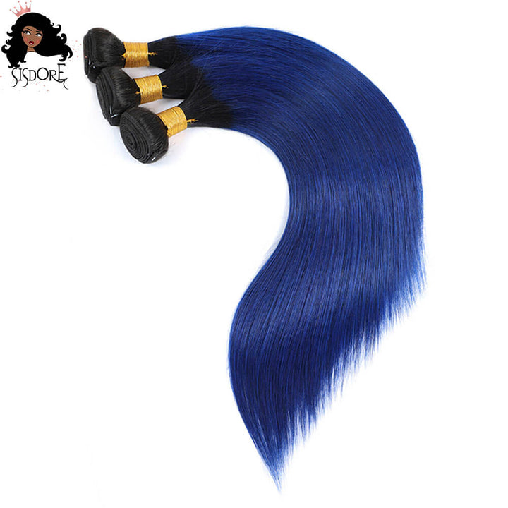 1b blue straight hair bundles with dark roots 