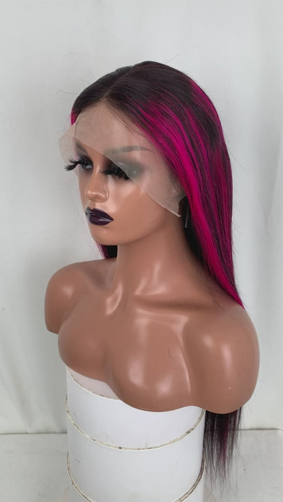 Black with Hot Pink Highlights Human Hair Lace Front Wigs  display picture 1