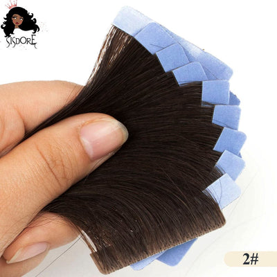 #2 darkest brown straight hand-tied invisible tape in straight human hair extensions