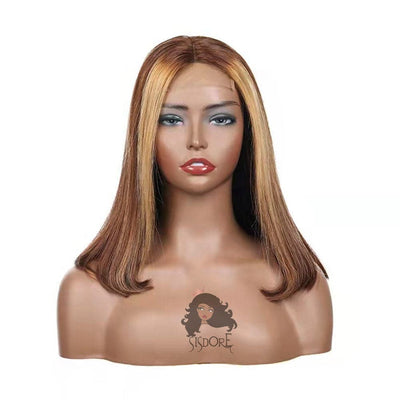4/27 Highlight Short Hair Lace Front Wigs, Brown With Blonde Piano Color Blunt Cut Bob Closure Wigs
