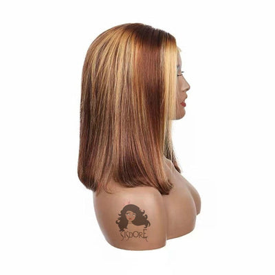 4/27 Highlight Short Hair Lace Front Wigs, Brown With Blonde Piano Color Blunt Cut Bob Closure Wigs