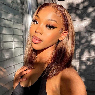 4/27 Highlight Short Hair Lace Front Wigs, Brown With Blonde Piano Color Blunt Cut Bob Closure Wigs