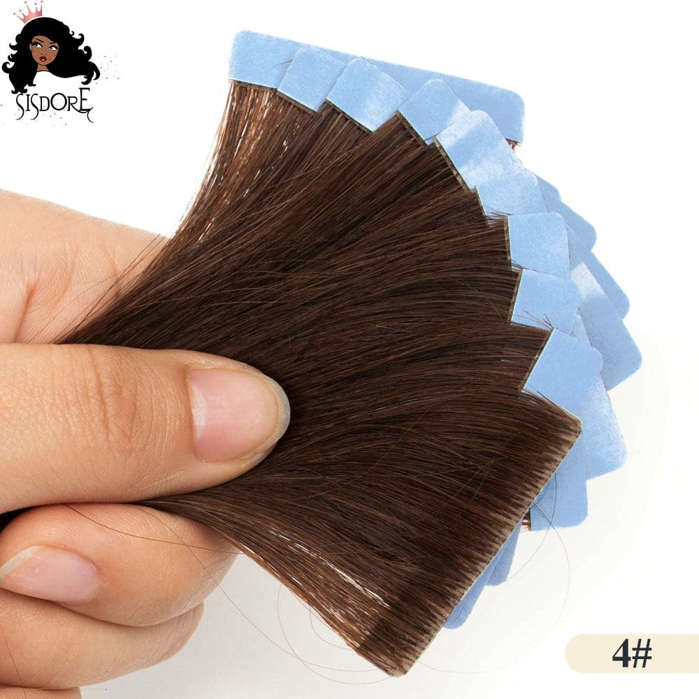 dark brown  4 hand-tied invisible tape in straight human hair extensions