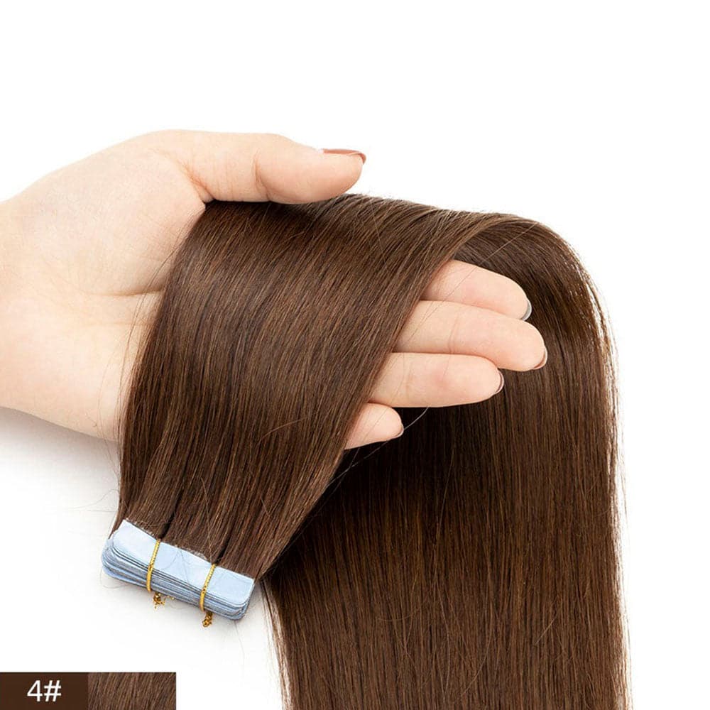 tape in straight virgin human hair extensions #4 medium brown color