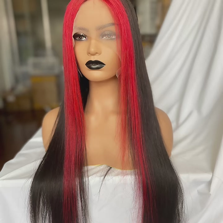 Red Skunk Stripe Human Hair Wigs, Two Red Streaks in front of hair