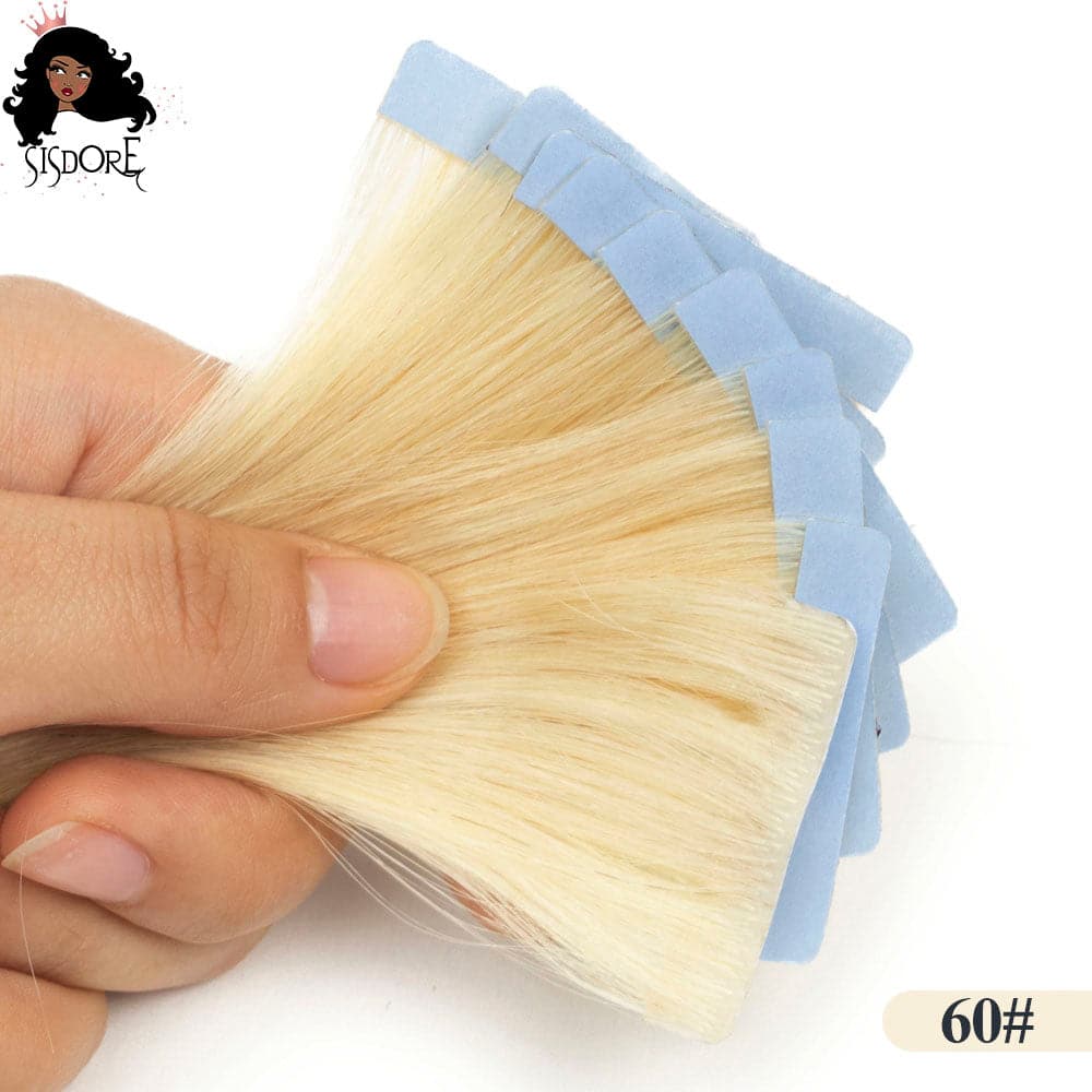 60 lightest blonde straight hand-tied invisible tape in straight human hair extensions