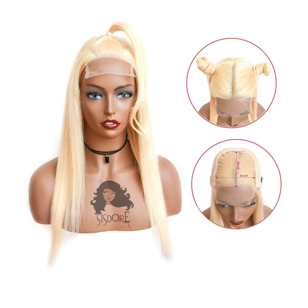 #613 Platinum Blonde Straight Human Hair 4x4 Lace Closure Wig