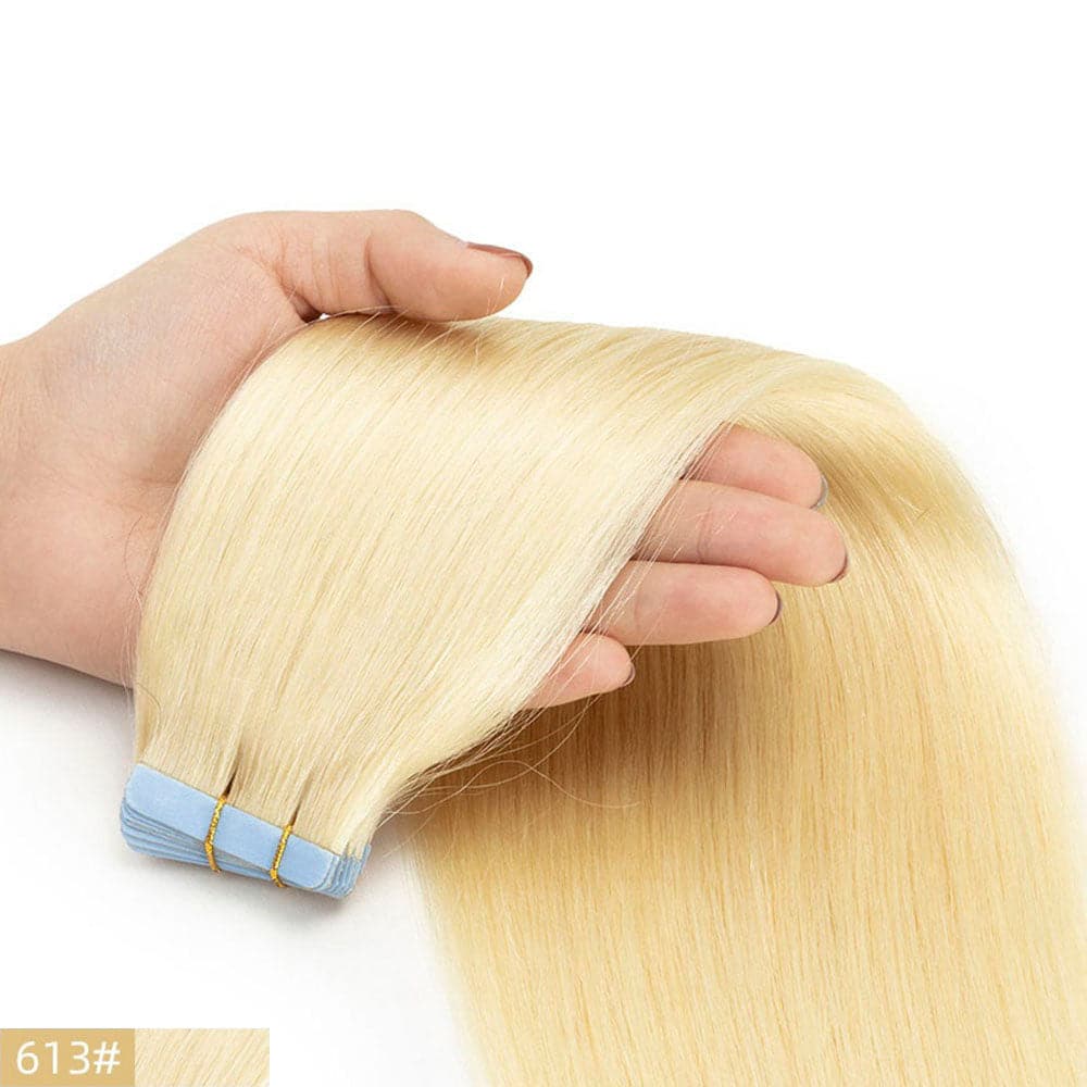 tape in straight virgin human hair extensions #613 bleach blonde