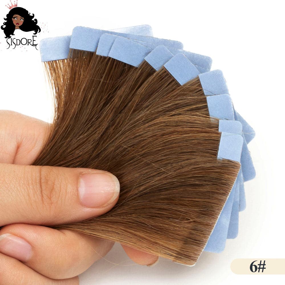 medium brown 6 hand-tied invisible tape in straight human hair extensions