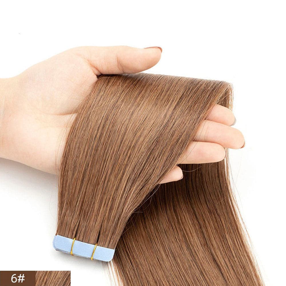 tape in straight virgin human hair extensions #6 light brown color