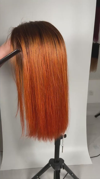 Ginger Orange Ombre Color Straight Hair Short Bob Wig With Black Roots