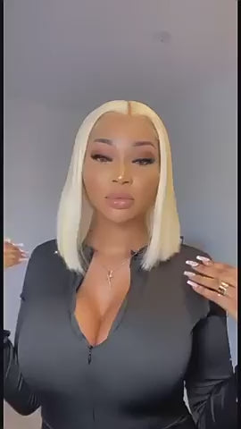 613 Light Blonde Straight Short Shoulder Length Virgin Human Hair Bob Style 4x4 HD Lace Closure Wig