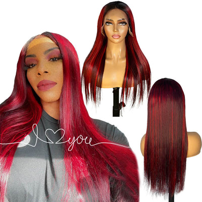 99J Burgundy with Red Highlight Colored Human Hair Lace Front Wigs With Dark Roots