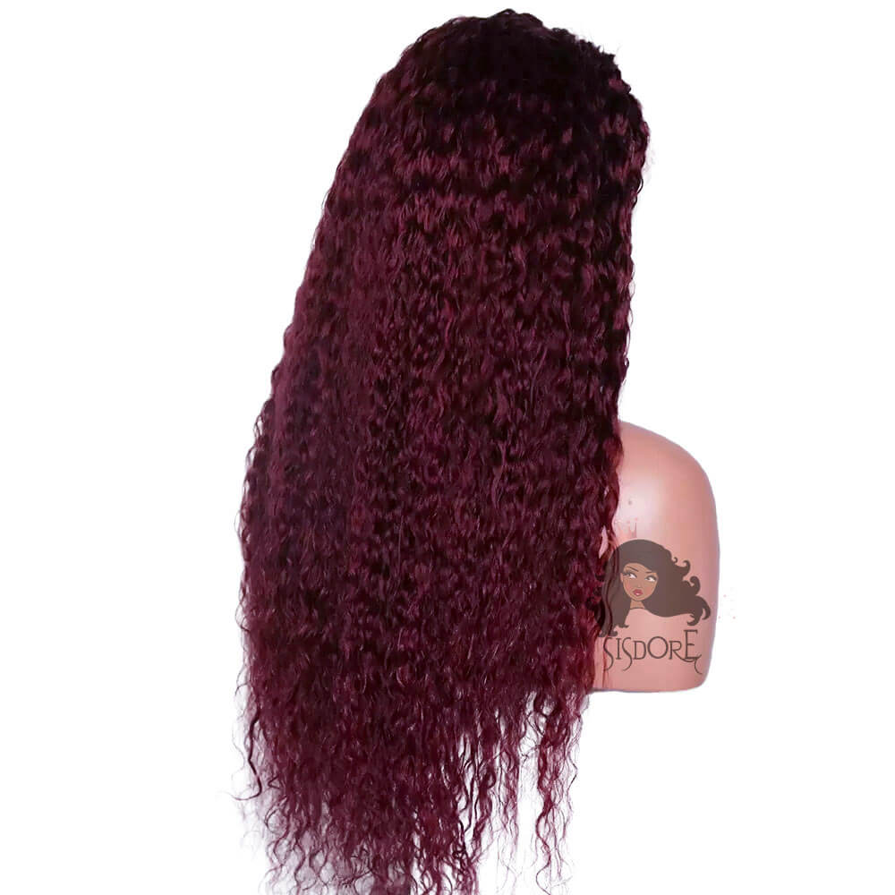 99J wine red curly human hair wig, burgundy water wave lace front wig