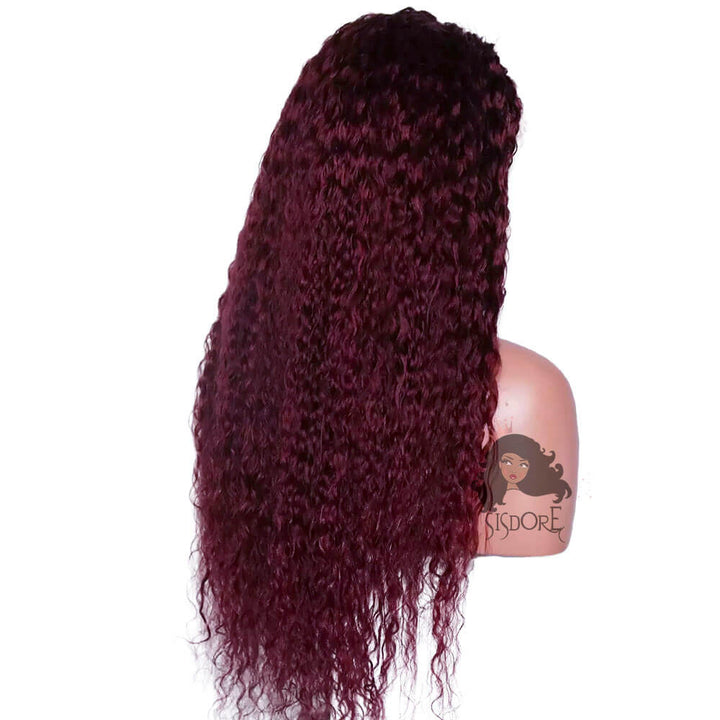 99J wine red curly human hair wig, burgundy water wave lace front wig