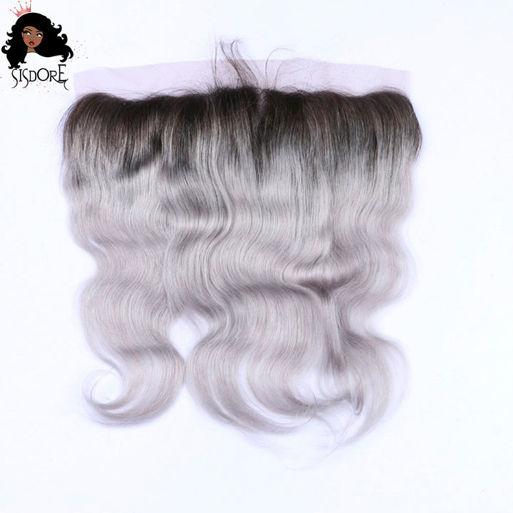 Silver gray ombre human hair 13x4 HD lace frontals, ash gray body wave brazilian hair with dark roots