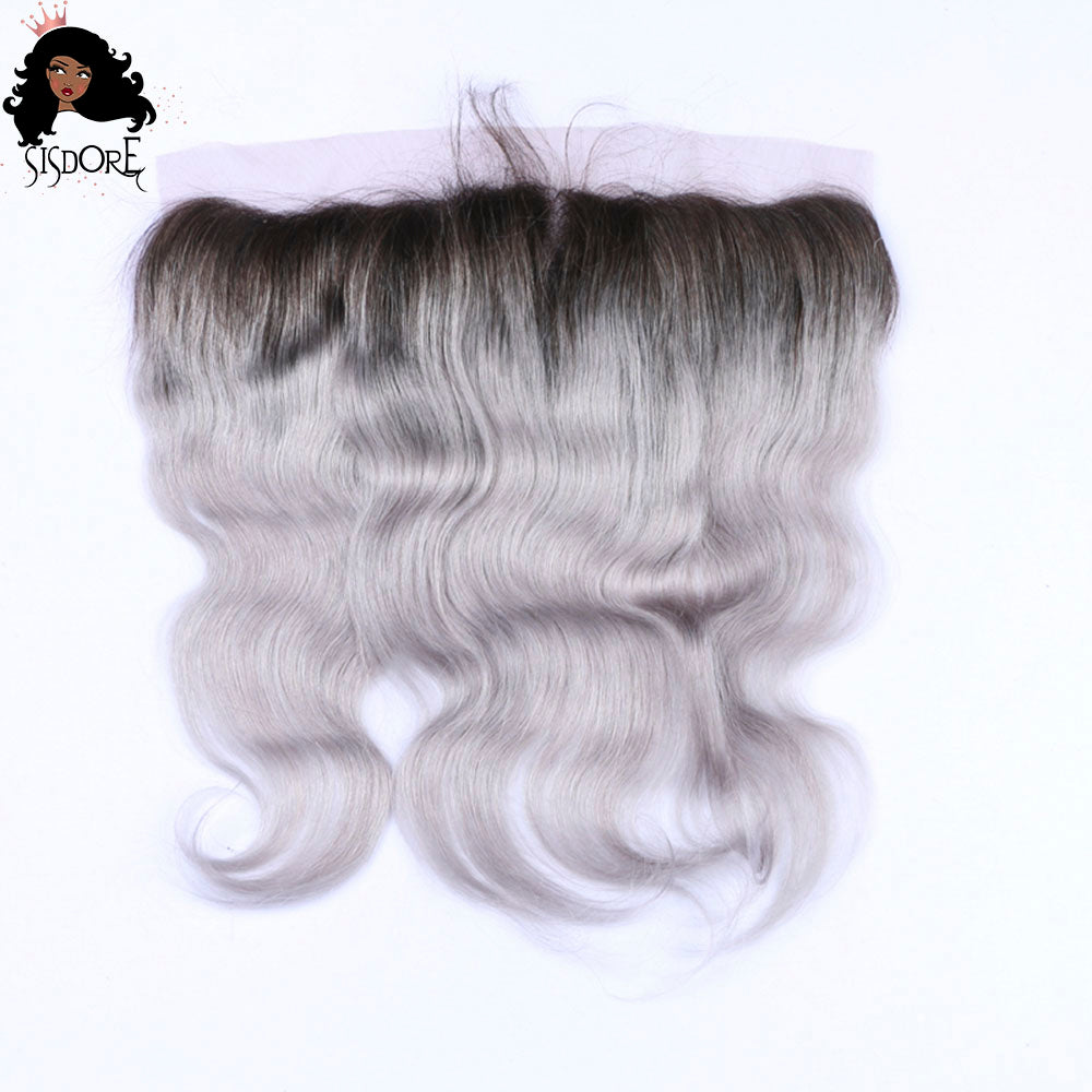 Silver gray ombre human hair 13x4 HD lace frontals, ash gray body wave brazilian hair with dark roots