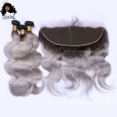 Silver gray human hair bundles with 13x4 lace frontal, Ash Gray Body Wave Brazilian Hair With Dark Roots
