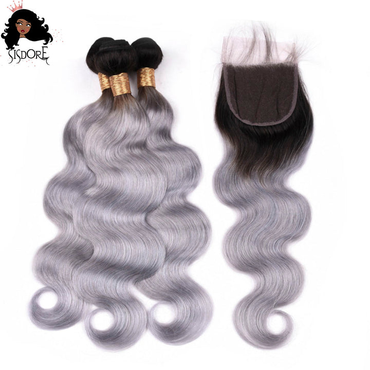 Silver gray human hair bundles with lace closure, Ash Gray Body Wave Brazilian Hair With Dark Roots