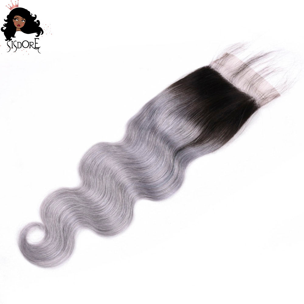 Silver gray ombre human hair 4x4 HD lace closures, ash gray body wave brazilian hair with dark roots