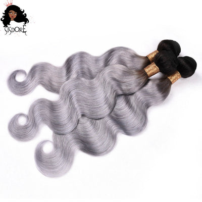 Silver gray human hair bundles, Ash Gray Body Wave Brazilian Hair With Dark Roots