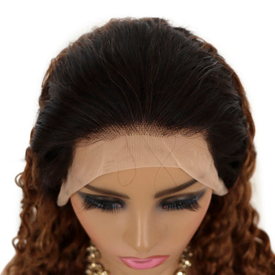 1b 30 ombre color deep wave human hair wigs, auburn brown with black roots lace front wig with pre-plucked hairline