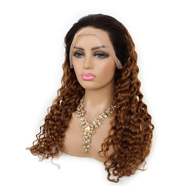 1b 30 ombre color deep wave human hair wigs, auburn brown with black roots lace front wig