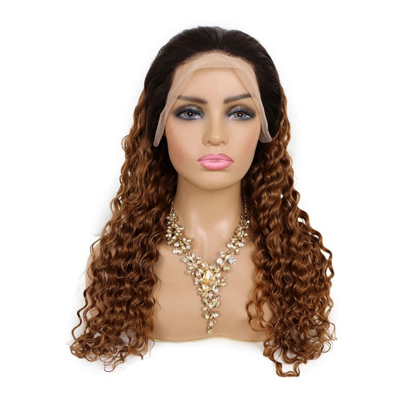 1b 30 ombre color deep wave human hair wigs, auburn brown with black roots lace front wig