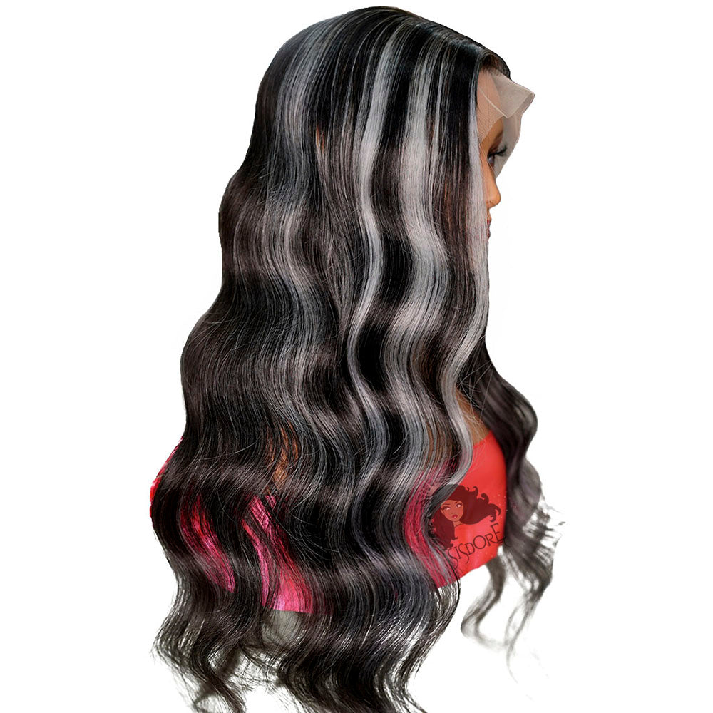 Black Hair With Gray Highlights Body Wave Human Hair 13x4 Lace Front Wig