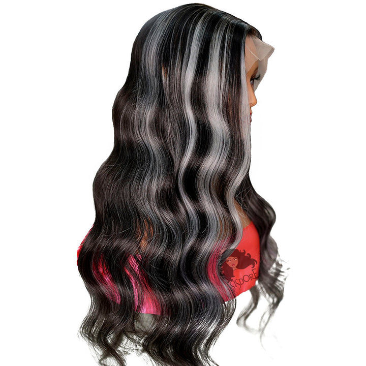 Black Hair With Gray Highlights Body Wave Human Hair 13x4 Lace Front Wig