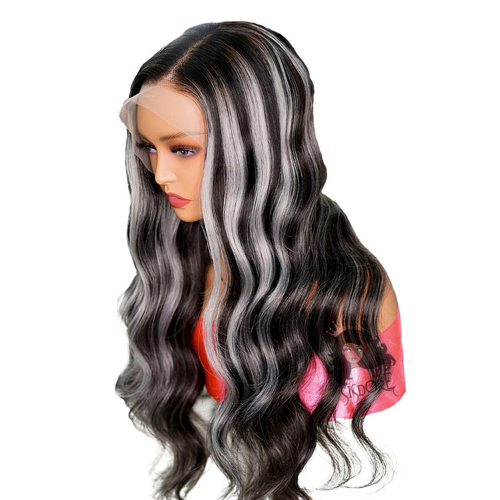 Black Hair With Gray Highlights Body Wave Human Hair 13x4 Lace Front Wig