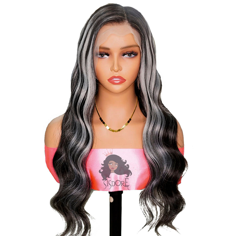 Black Hair With Gray Highlights Body Wave Human Hair 13x4 Lace Front Wig