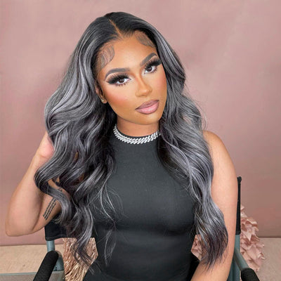 Black Hair With Gray Highlights Body Wave Human Hair 13x4 Lace Front Wig
