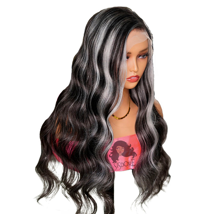 Black Hair With Gray Highlights Body Wave Human Hair 13x4 Lace Front Wig