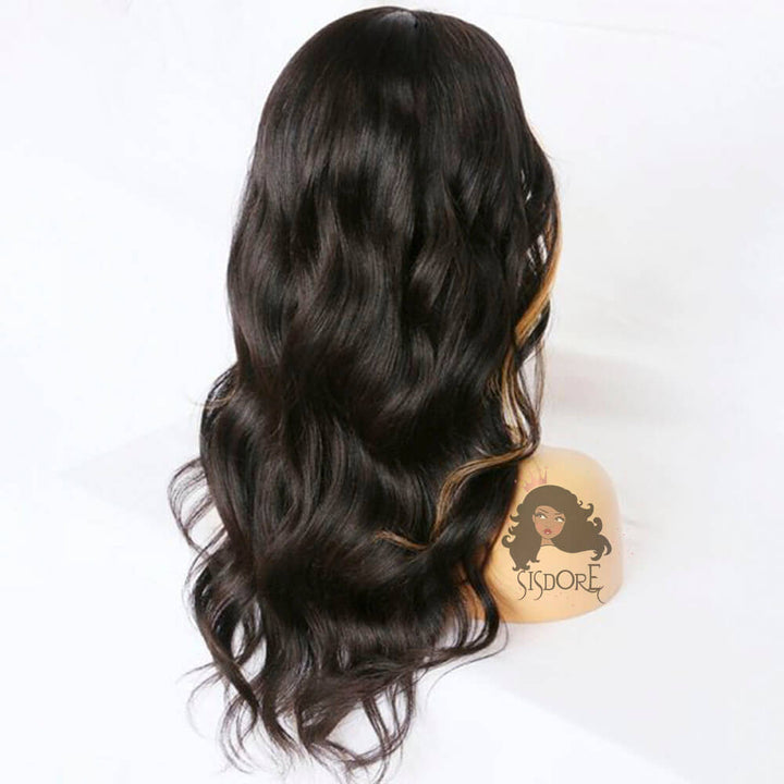 Black Wig with Blonde Streaks Skunk Stripe Body Wave Wig