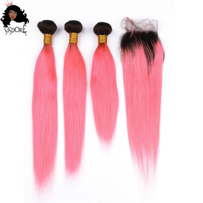 Light pink straight hair bundles with lace closure dark roots
