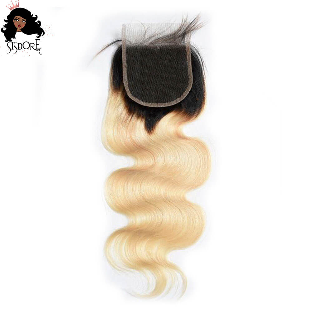 1B 613 Blonde With Black Roots Body Wave Human Hair 4x4 Lace Closure