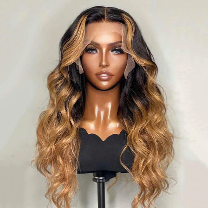 Blonde Highlight Human Hair Wigs, Body Wave Lace Front Wig 1b/27 