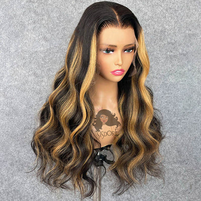 Blonde Highlights Lace Front Wig, 1B/27 Body Wave Human Hair Wigs