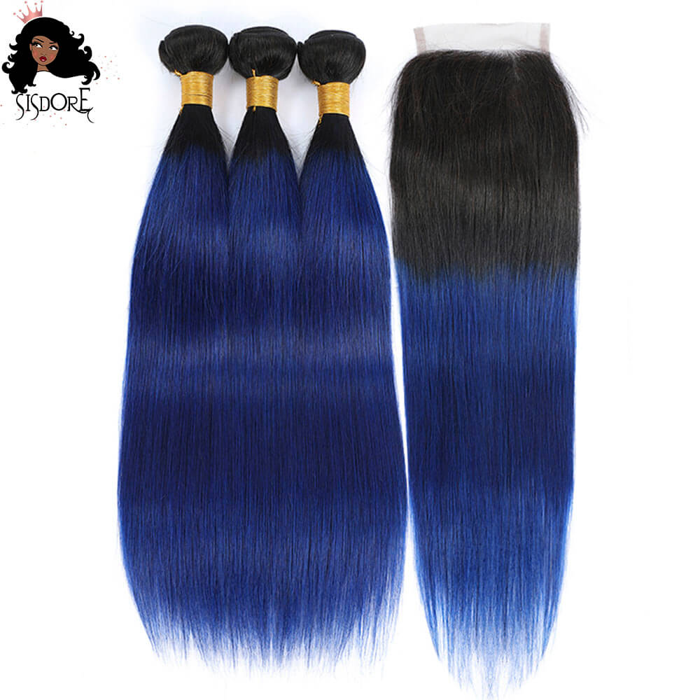 Blue Black Hair Color Remy Blue Hair Bundles With 4x4 Lace Closure, Dark Blue Ombre Hair Straight Human Hair Half Black Half Blue Hair