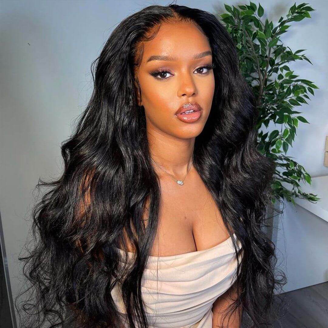 Natural Black Color Body Wave Human Hair Lace Front Wigs