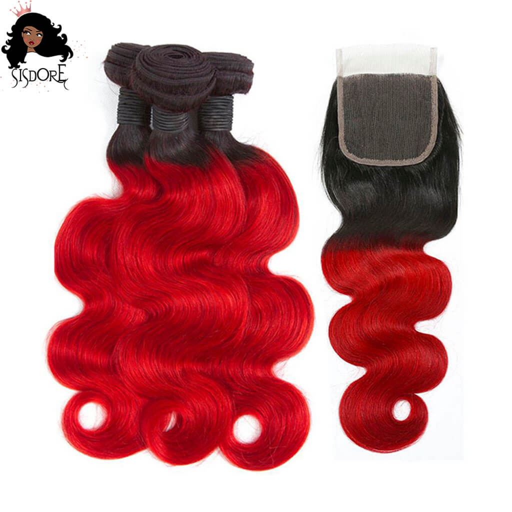 Bright Red Hair Dark Roots Ombre Body Wave Light Red Brazilian Hair Bundles With 4x4 Lace Closure 