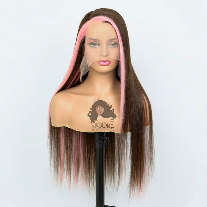 Brown Hair With Pink Skunk Stripe Wig Right Part, Pink Streaks in front of Hair Straight 