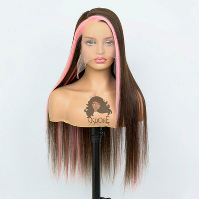 Brown Hair With Pink Skunk Stripe Wig Right Part, Pink Streaks in front of Hair Straight 