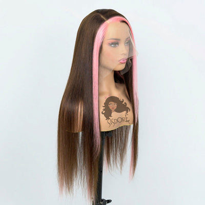 Brown Hair With Pink Skunk Stripe Wig Right Part, Pink Streaks in front of Hair Straight 
