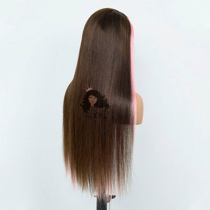 Brown Hair With Pink Skunk Stripe Wig , Pink Streaks in front of Hair Straight 