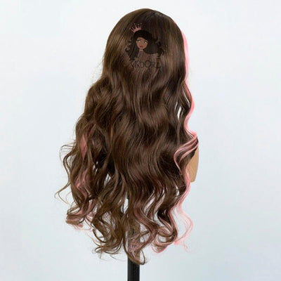 Brown Hair With Pink Skunk Stripe Wig, Pink Streaks in front of Hair Body Wave