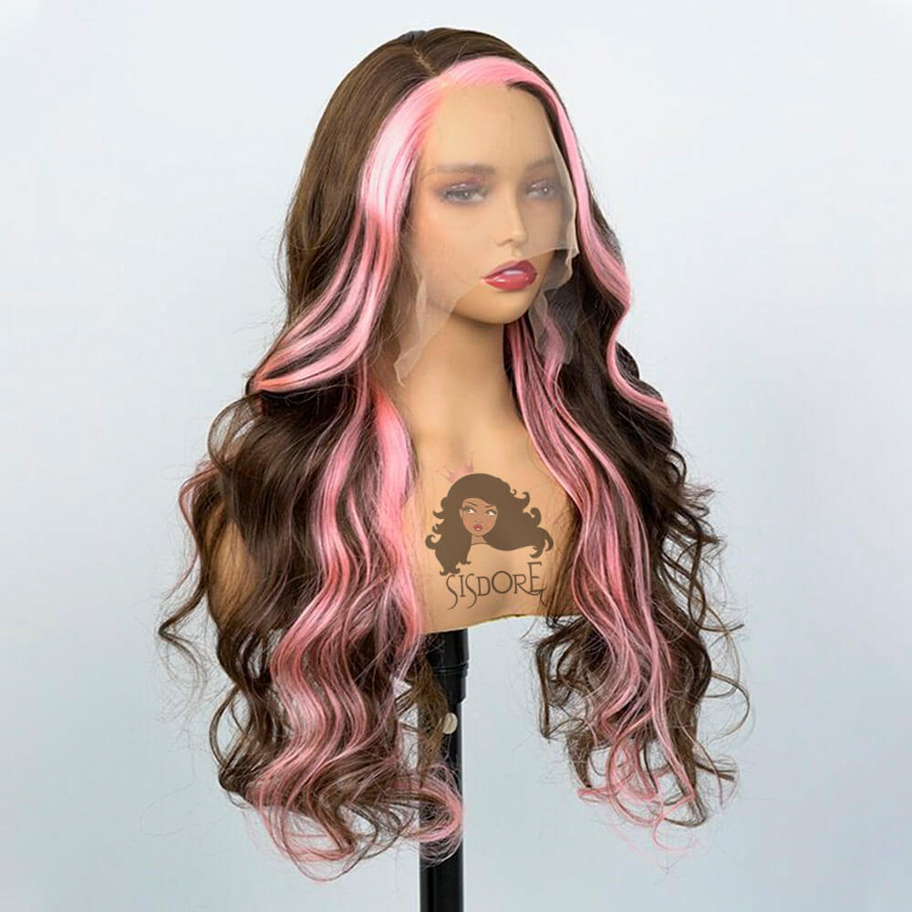 Brown Hair With Pink Skunk Stripe Wig Left Part, Pink Streaks in front of Hair Body Wave