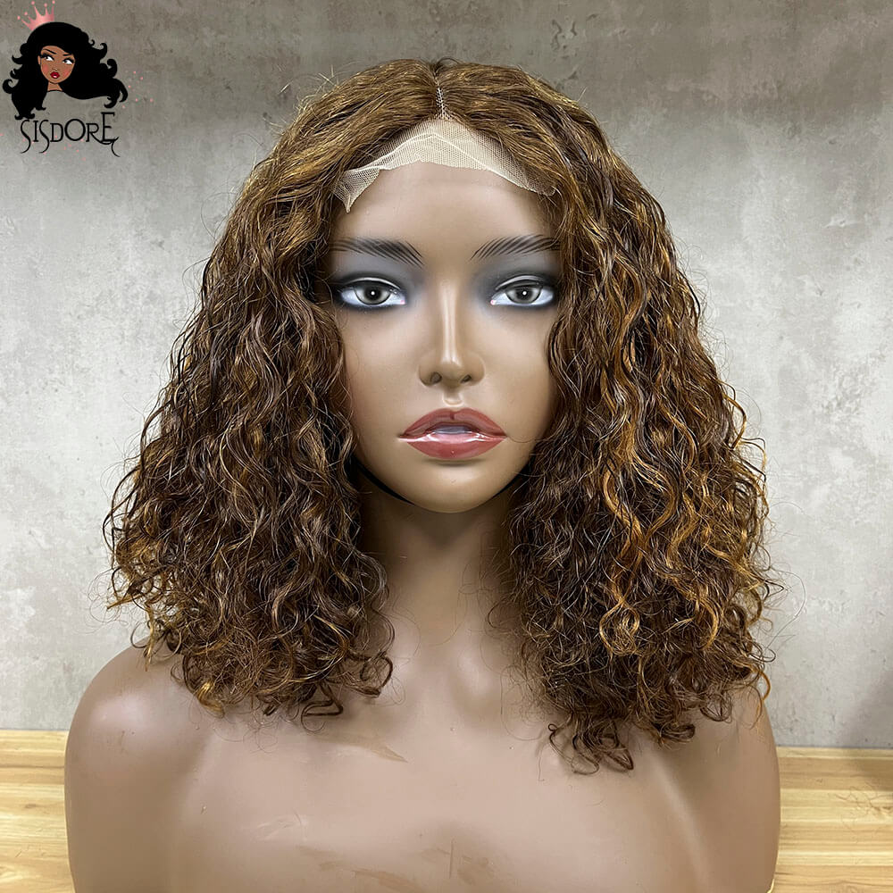 Medium Brown With Blonde Highlights Short Curly Bob 4X1 T Part Lace Wigs